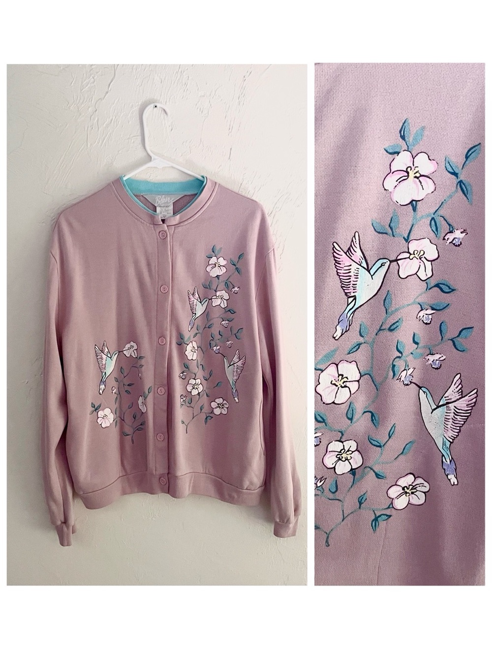 Vintage Floral Hummingbird Hand Painted Front Button Cardigan in Blush Pink